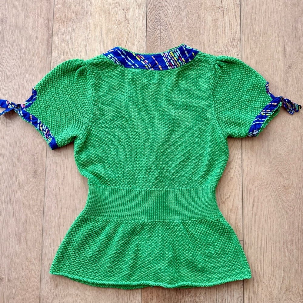 Anthropologie HWR Peplum Knit Green Blouse with Blue Trim - Picture 2 of 8